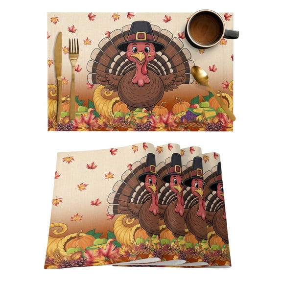 Thanksgiving Placemats Set of 6 Fall Turkey Pumpkin Maple Leaf Vegetable Heat Insulation Washable Place Mats, Rustic Non-Slip Table Mats for Dining Table Party Kitchen Decor,13x19 Inch