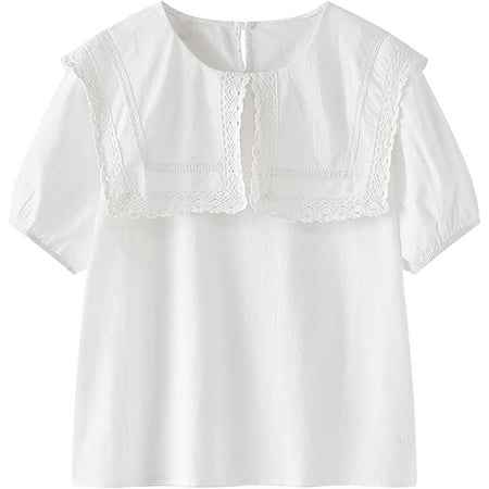 Ladies Straight Puff Sleeve Top Summer Turn Neck Straight Back Button ...
