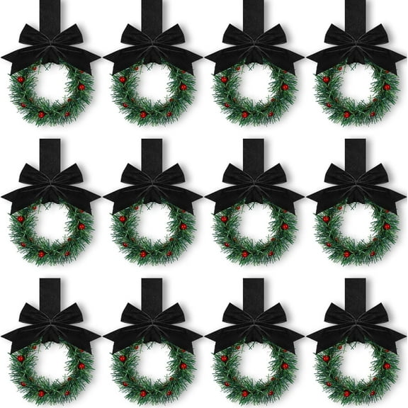 Dalrosia 12PCS Christmas Kitchen Cabinet Wreaths with Plaid Bow Ribbon Hanging Cabinet Doors Wreaths Decorative for Kitchen Window Outdoor Indoor Holiday Decor