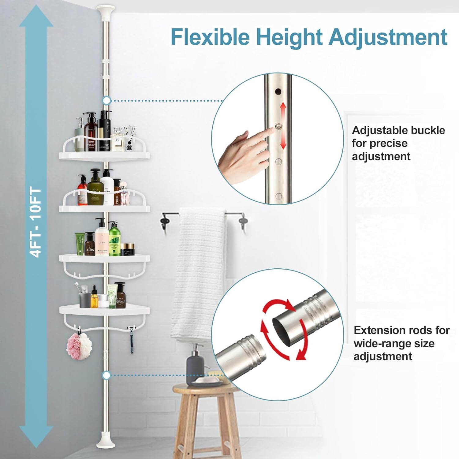 Shower Caddy Corner, No Drilling Rustproof Bathtub Shower Storage Organizer for Bathroom,4-Tier Adjustable Shelves with Tension Pole, White