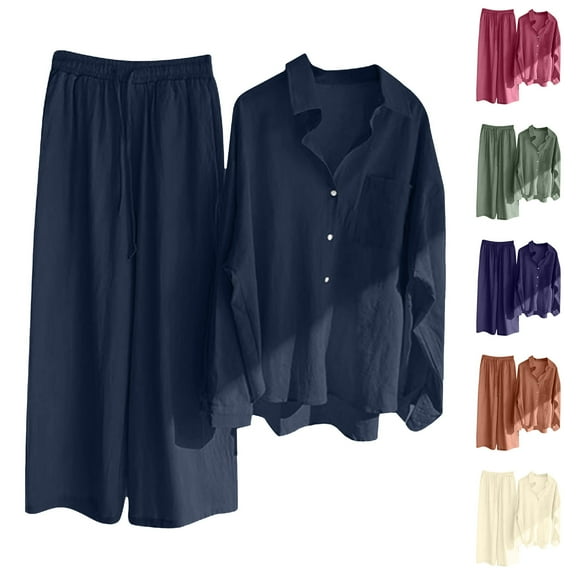 Dazajoo Linen Sets for Women 2 Piece Long Sleeve Button Down Shirts Match Wide Leg Drawstring Pants Solid Color Lightweight Loungewear,Blue,XXL