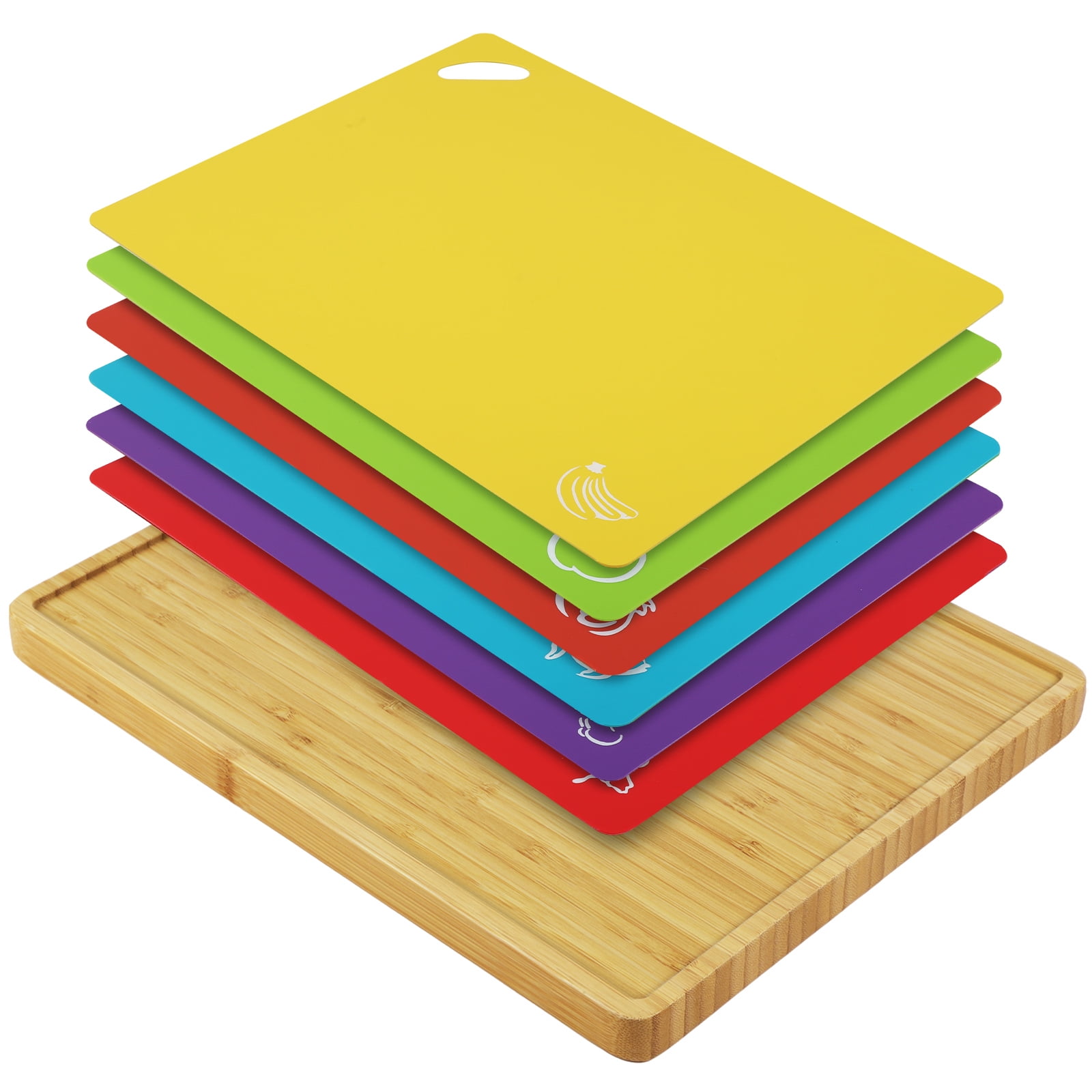 Bamboo Cutting Board Set with 6 Color-Coded Flexible Chopping Mats for Kitchen Prep, Charcuterie & Chopping for Meat, Vegetables and Fruits