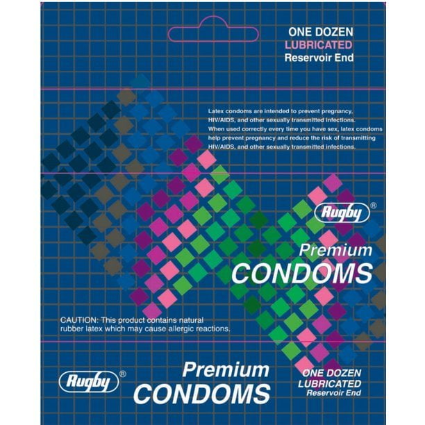 Rugby Premium Condom Lubricated Reservoir End, Natural Rubber Latex, 12ct