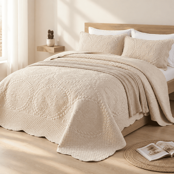 Beige Oversized King (120"x120") Microfiber Quilt Set with Shams for Bedroom and Guest Rooms
