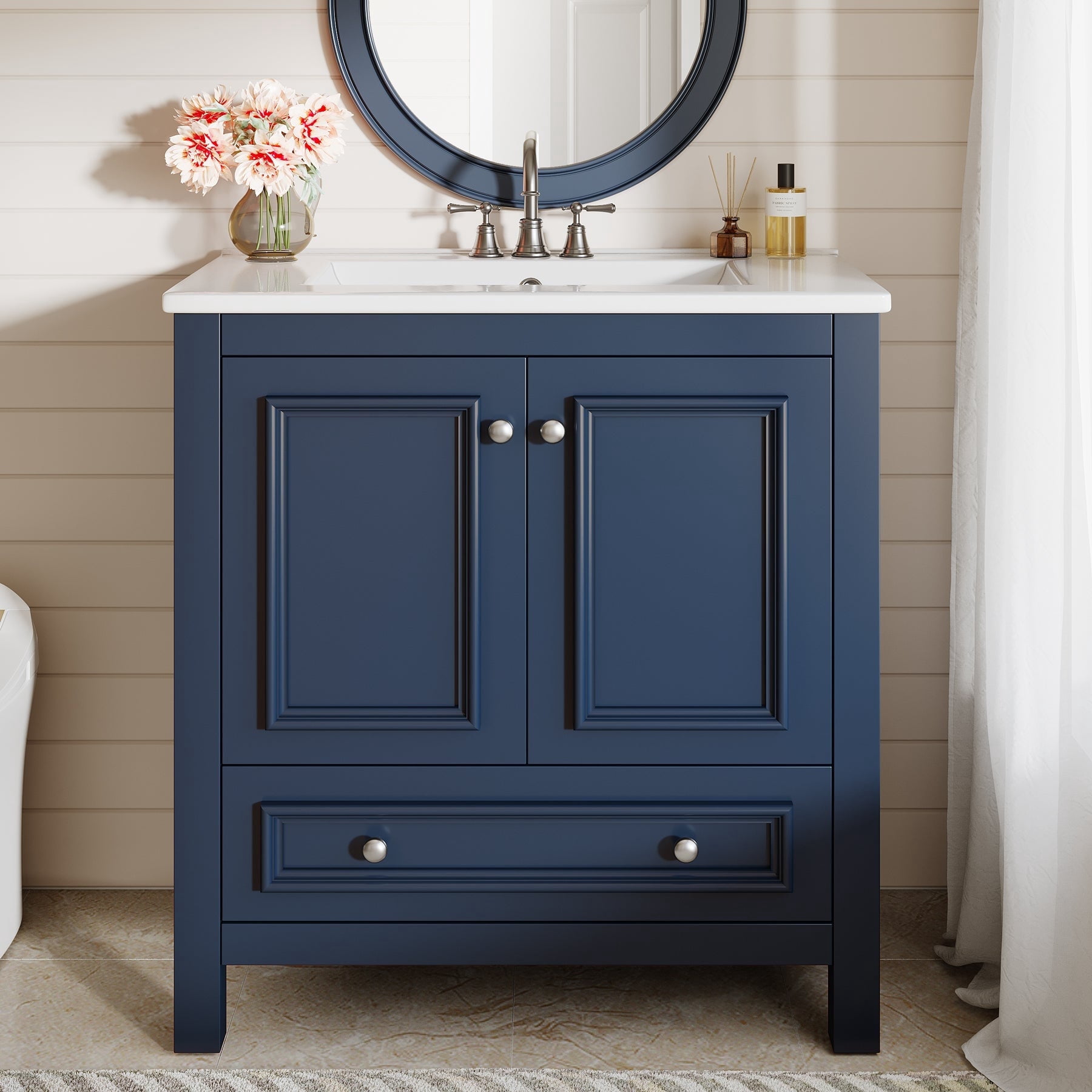 Fnova 30" Modern Bathroom Vanity with Sink, Freestanding Bathroom Vanities Cabinet, Bathroom Sink Cabinet with 2 Doors and 1 Drawer, Solid Wooden Frame, Navy Blue