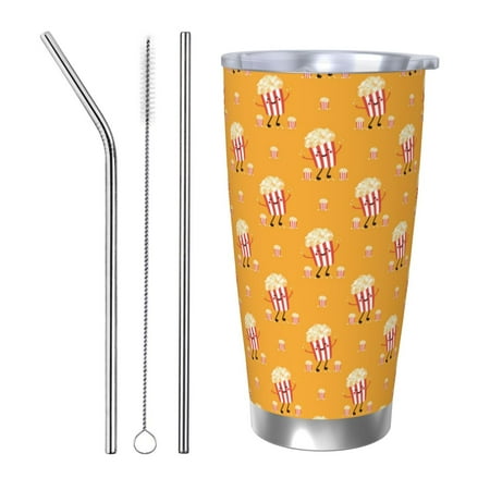 

KLL Cute Popcorn Print 40oz Stainless Steel Insulated Car Cup with Spillproof Lid - Keep Your Drink Hot or Cold on the Go-Straw Three-piece Set