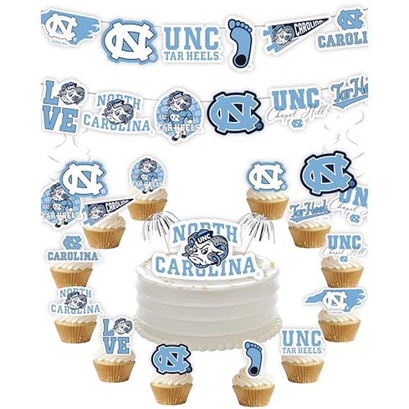 Fournitures de Fête de la Caroline du Nord (42 Pcs) Remise des Diplômes de l'University of North Carolina, Tailgate, Décorations de Fête d'Anniversaire, Bannière UNC Tar Heels et Décorations de Cake Toppers (North Carolina Tar Heels)