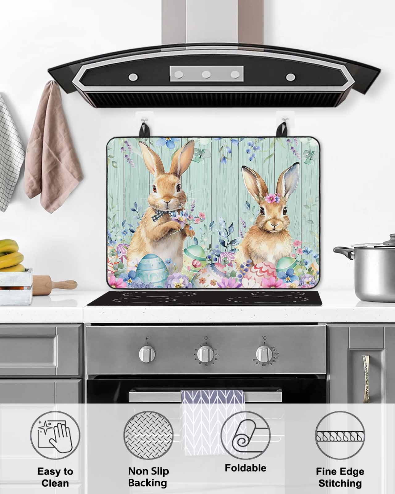 Large Induction Cooktop Protector Mat Bunny Easter Stove Top Covers for Electric Stove, Eucalyptus Leaves Floral Eggs Weeping Wooden Decorative Stove Burner Cover Mats, Glass Top Stove Cover