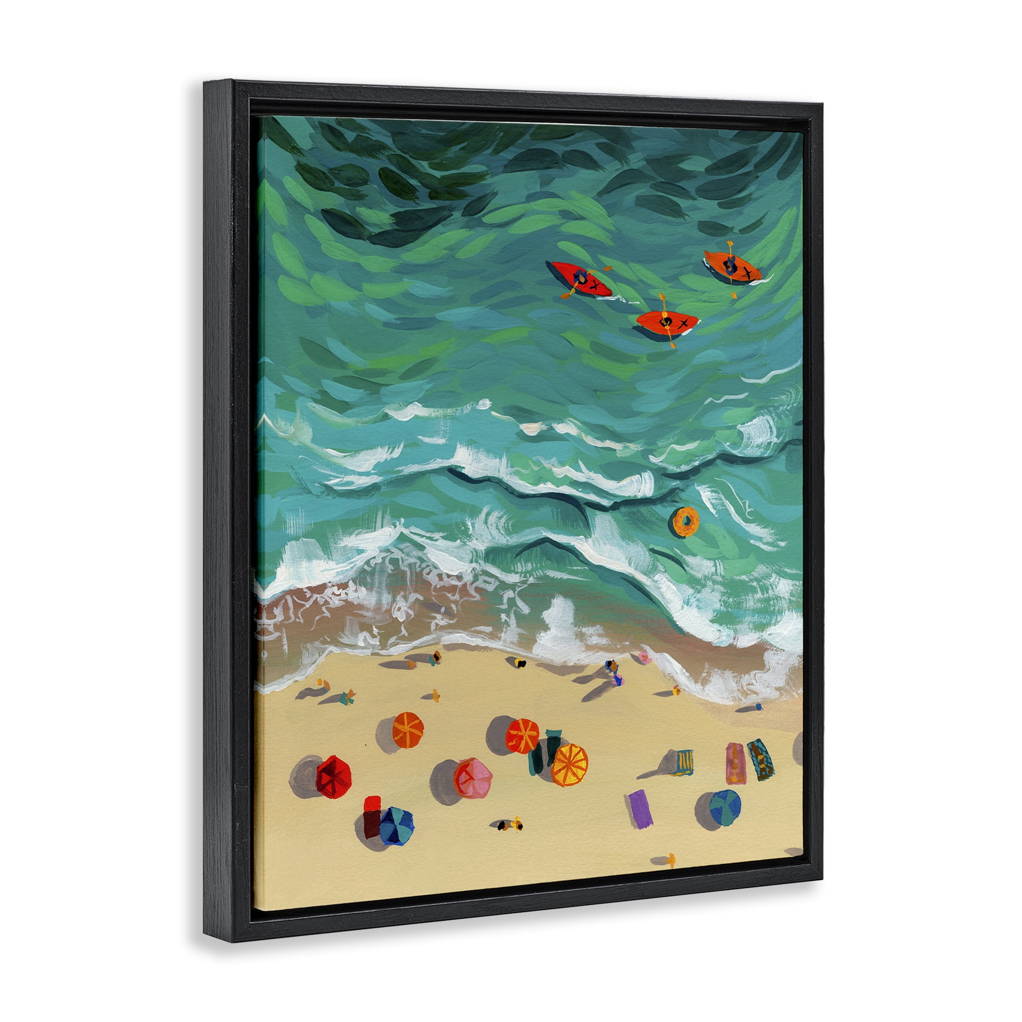 Stupell Industries Three Kayaks in Turquoise Waves Black Framed Floater Canvas Wall Art, design by Brook Page