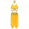 thumbnail image 4 of Traje de danza del vientre para mujer, cuello Halter, lentejuelas, cuentas de plástico, borla nítida, encaje, Top corto de danza y pantalones sueltos con abertura lateral, 4 of 5