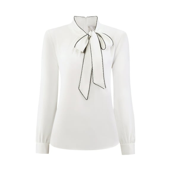 DARING DIVA Women's Long Sleeve Casual Work Blouses with Bow Tie M White