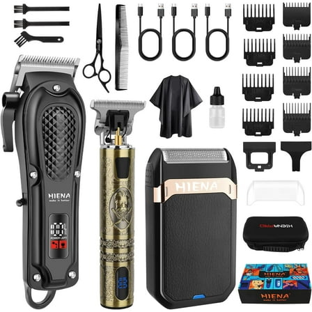 HIENA PRO Professional Hair Clippers Men Cordless Beard Trimmer Rechargeable Foil Shaver for Men Hair Cutting Kit for Barber Set with LED Display