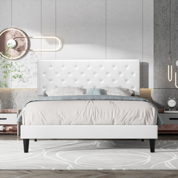 Einfach Queen Faux Leather Platform Bed Frame with Diamond Button-tufted Headboard, White