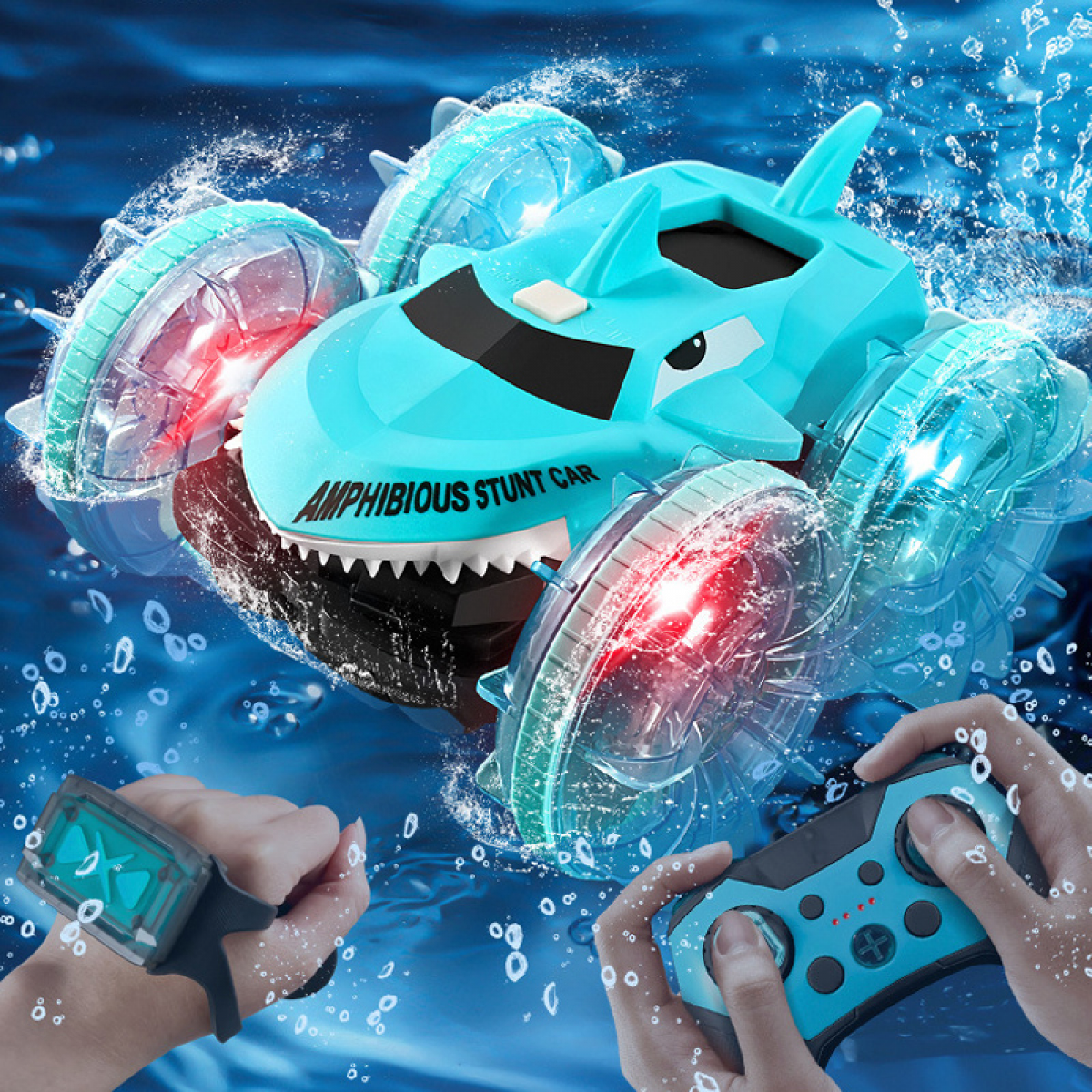 Amphibious Waterproof RC Stunt Car, Gesture Controlled RC Truck with Lights for Boys Gifts(Blue)