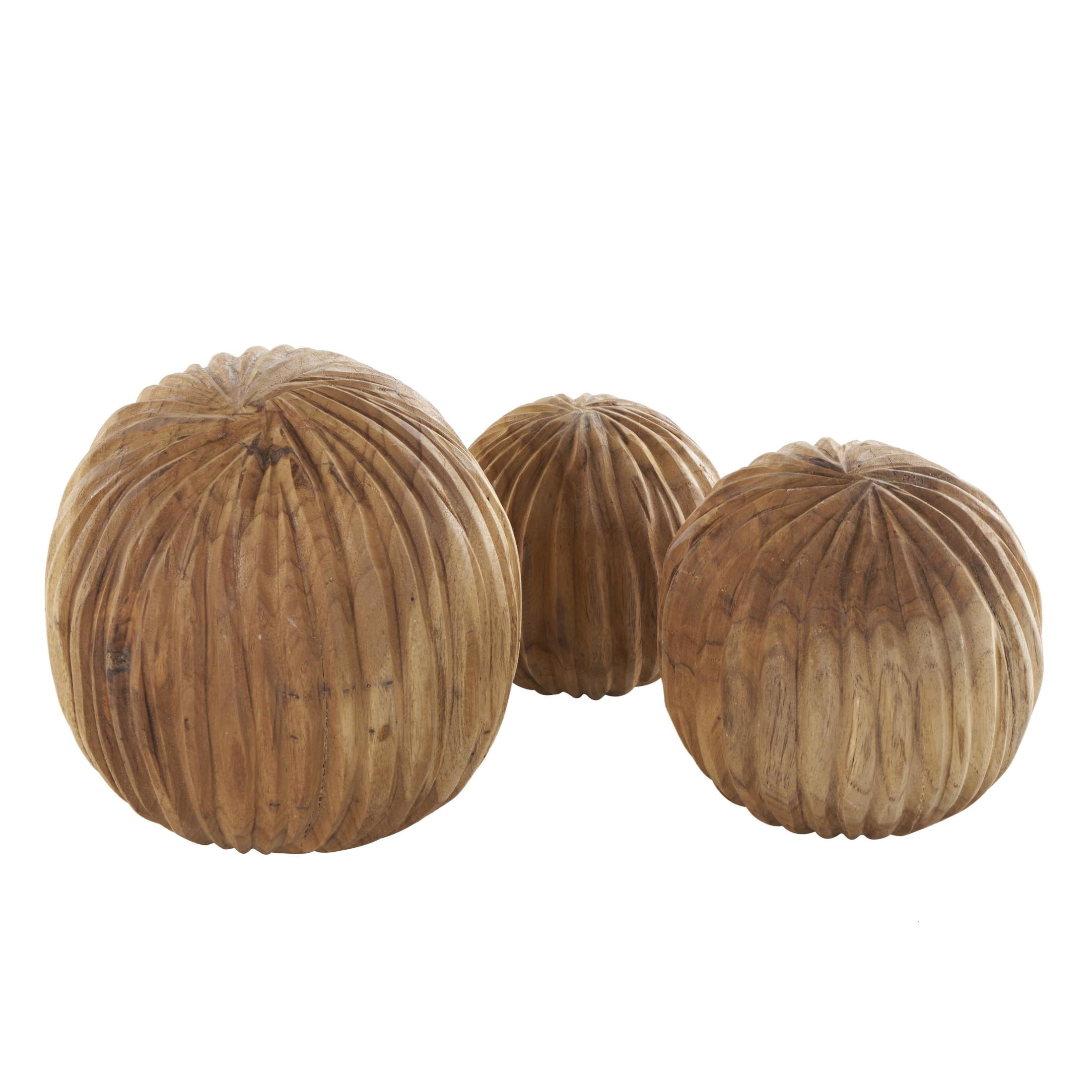 DecMode Brown 6" Handmade Carved Textured Teak Wood Orbs & Vase Filler with Wavy Ridges (3 Count)