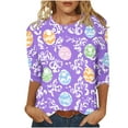 thumbnail image 2 of Odbmxy Easter Tops for Women 3/4 Sleeve Holiday Women T Shirt Summer Vintage Regular Print Casual Purple Shirts, 2 of 5