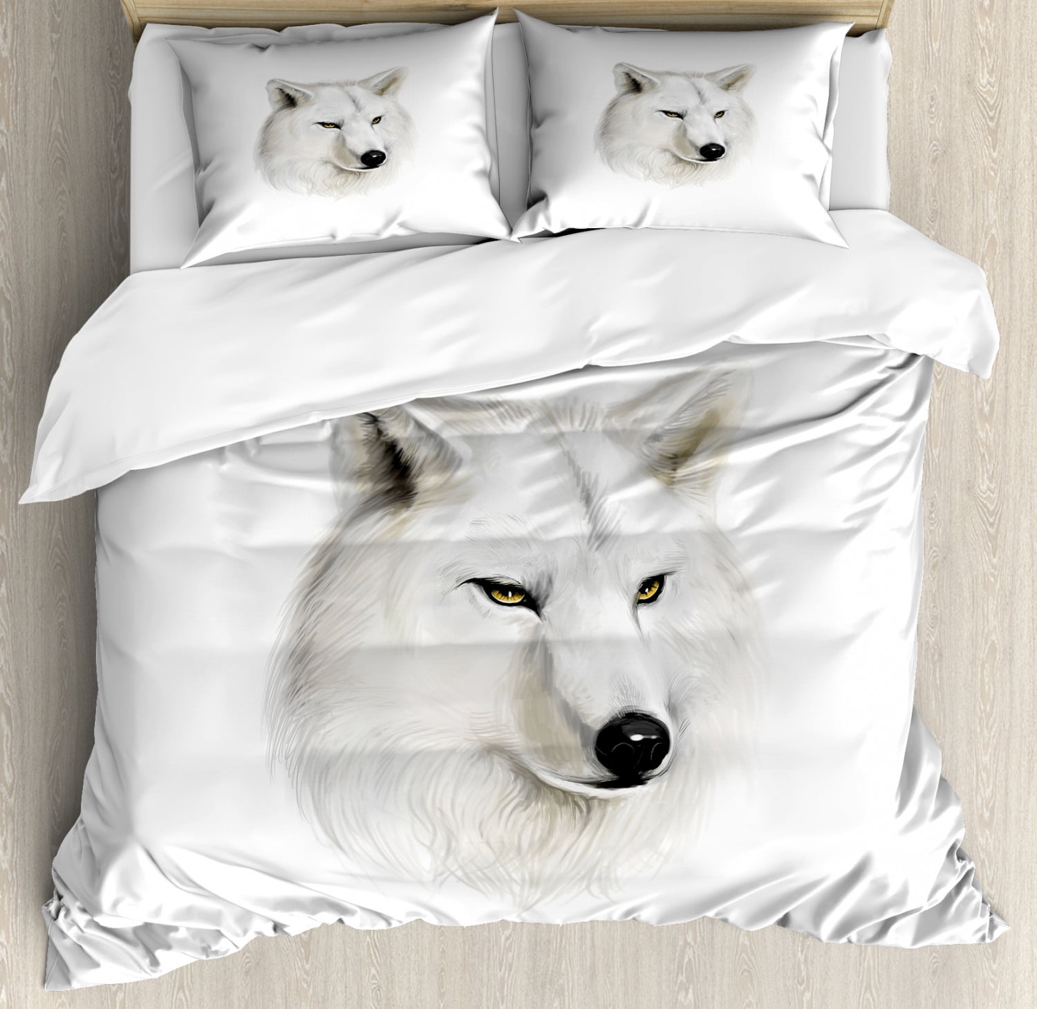 Wolf Duvet Cover Set, White Canine Head with Great Detail Hunter Mammal
