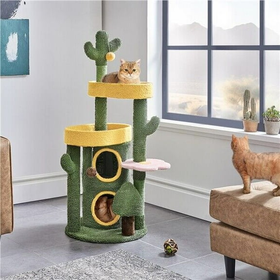 Cactus Cat Tree for Indoor Cats, 48.5in Oasis-themed Cat Tower w/ 2 Tiers Condo