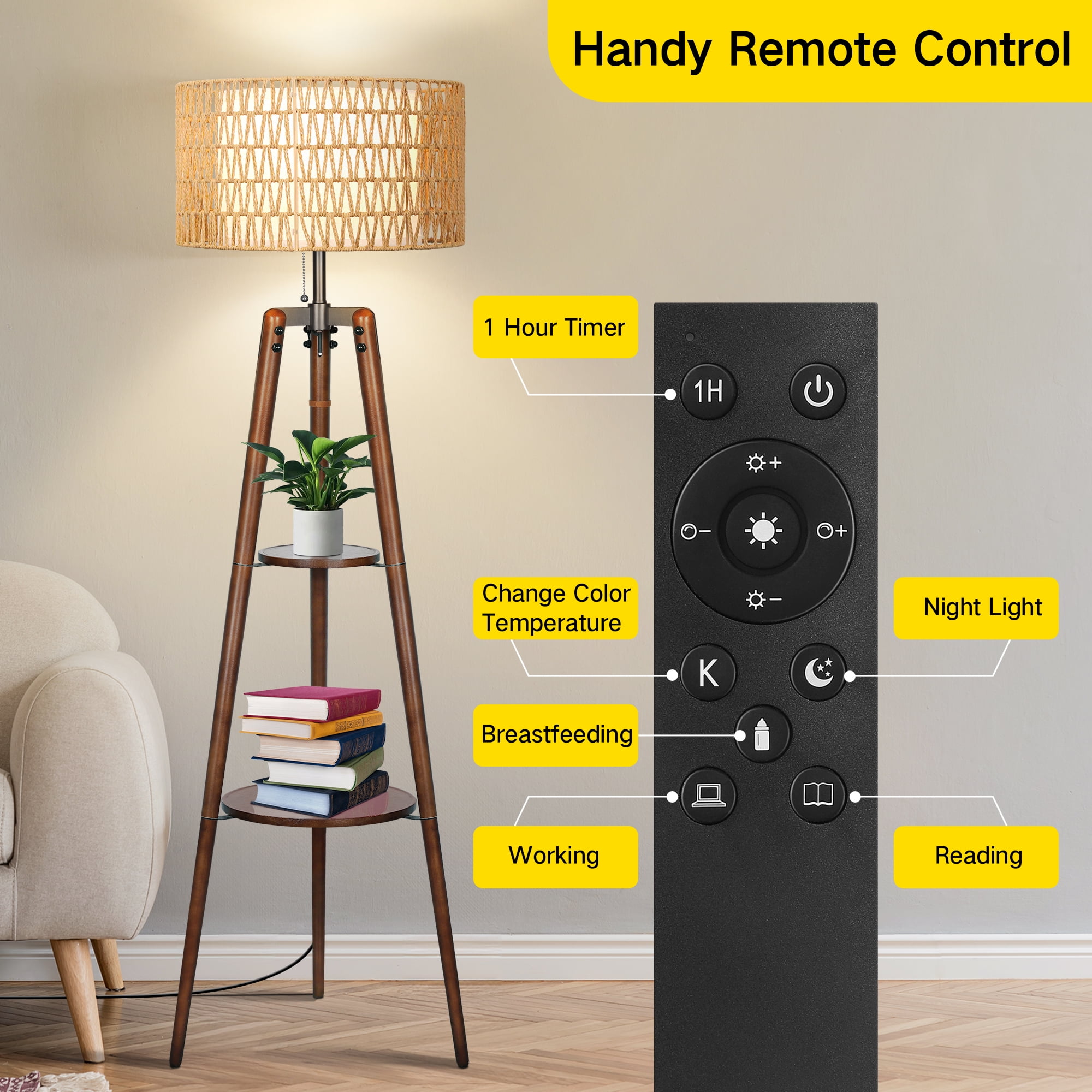 OUTON Boho Rattan Tripod Floor Lamp with Shelves, Dimmable Standing Lamp with Remote Control,Wood Tall Floor Lamps for Living Room Bedroom Office Farmhouse (Bulb Included)