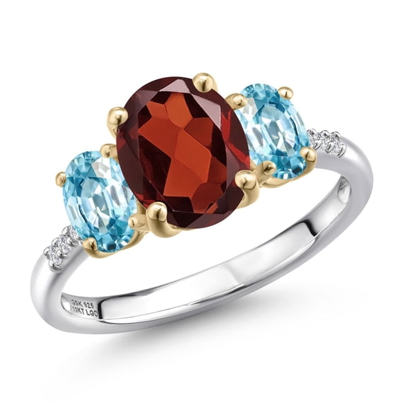 Gem Stone King 925 Silver and 10K Yellow Gold Red Garnet and Blue Zircon and Lab Grown Diamond Engagement Ring for Women | 3.49 Cttw | Oval 9X7MM | January Birthstone | Size 9