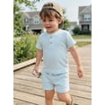 thumbnail image 5 of BemeyourBBs Infant Baby Boys Girls Summer Clothes Toddler Baby Boy Girl Summer 2 Pieces Outfit Waffled Solid Color Short Sleeve Button Shirt Tops with Pockets Shorts Set, 5 of 9
