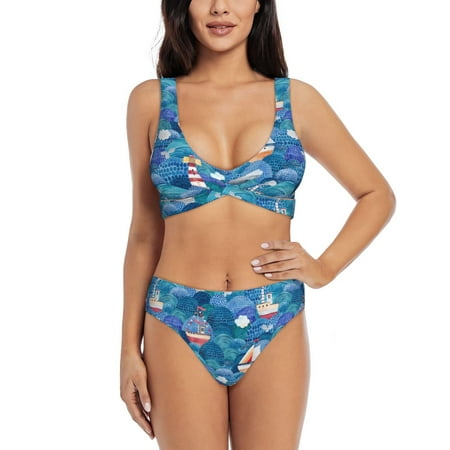 Zeuib Watercolor Ships High Waisted Tummy Control Bikini Set - Knot Front Push Up Top & Cheeky Thong Bottom  Two-Piece Swimsuit for Women-XX-Large