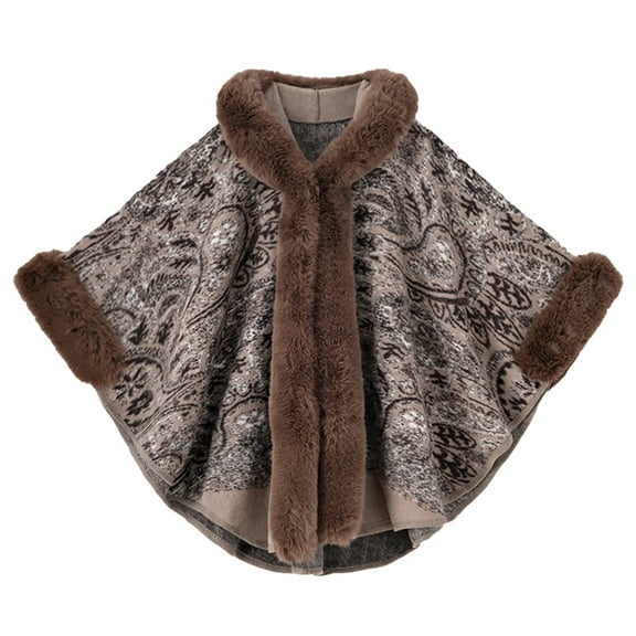 Domuza Women's Winter Warm Shawl Wrap Fluffy Fur Collar Cape Poncho Knitted Cardigan Floral Blanket Cloak Khaki