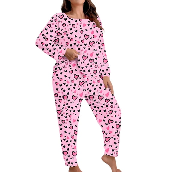 AUNVITO Women's Plus Size Valentine Print Pajama Set Long Sleeve and Pants with Romantic Design Cozy and Comfortable Loungewear