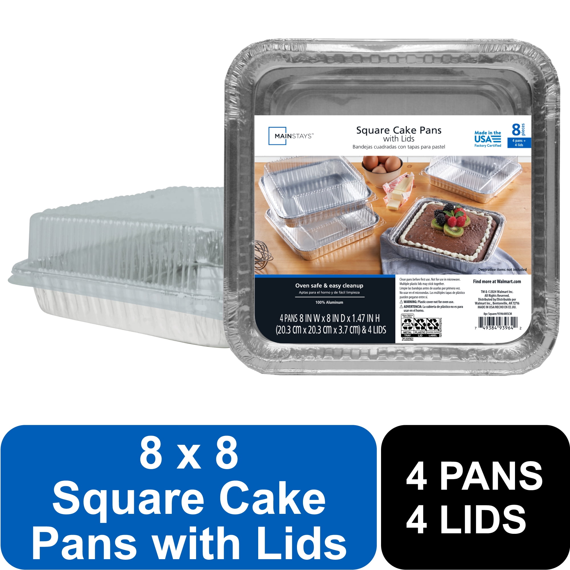 (3 pack) Mainstays 8" Aluminum Square Cake Pans with Lids, 4 Count
