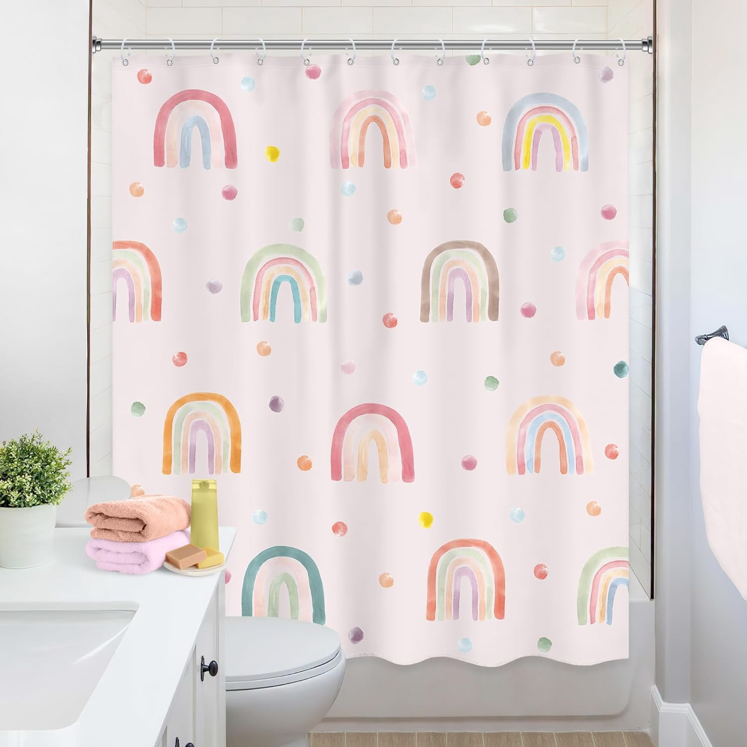 Girls Boho Rainbow Shower Curtain 72Wx72L Inch Kids Pink Polka Dots Cartoon Cute Watercolor Aesthetic Colorful Shower Curtain Bathroom Set Pretty Bath Curtain Bathtub Accessories Home Decor