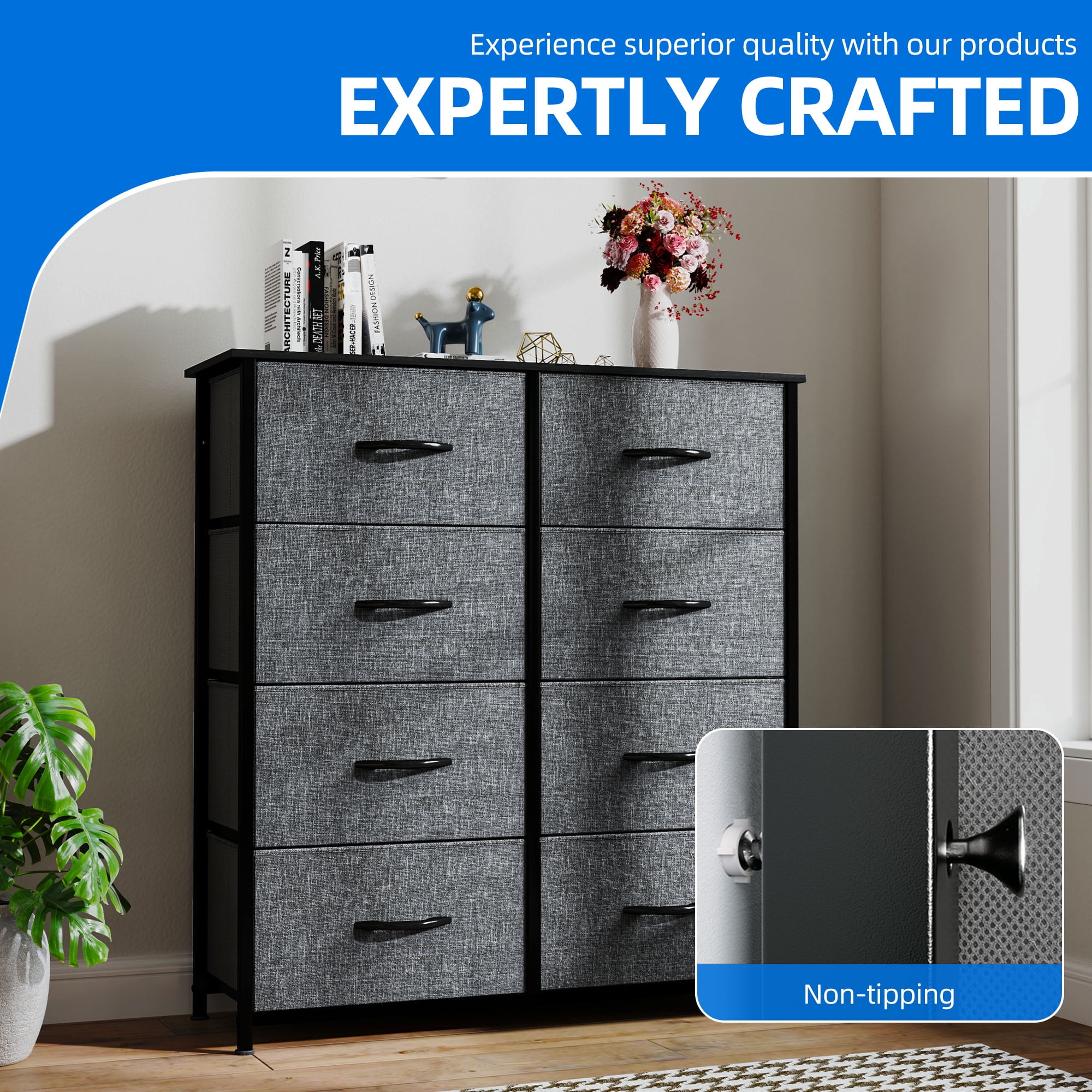 Dextrus 8 Drawers Fabric Storage Dressers for Bedroom, Living Room Bedroom for Adult, Black Gray