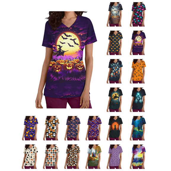 Busydd Plus Size Halloween Scrubs for Women Casual Short Sleeve V Neck Scrub Tops Fashion Print Work Shirts with Pocket S