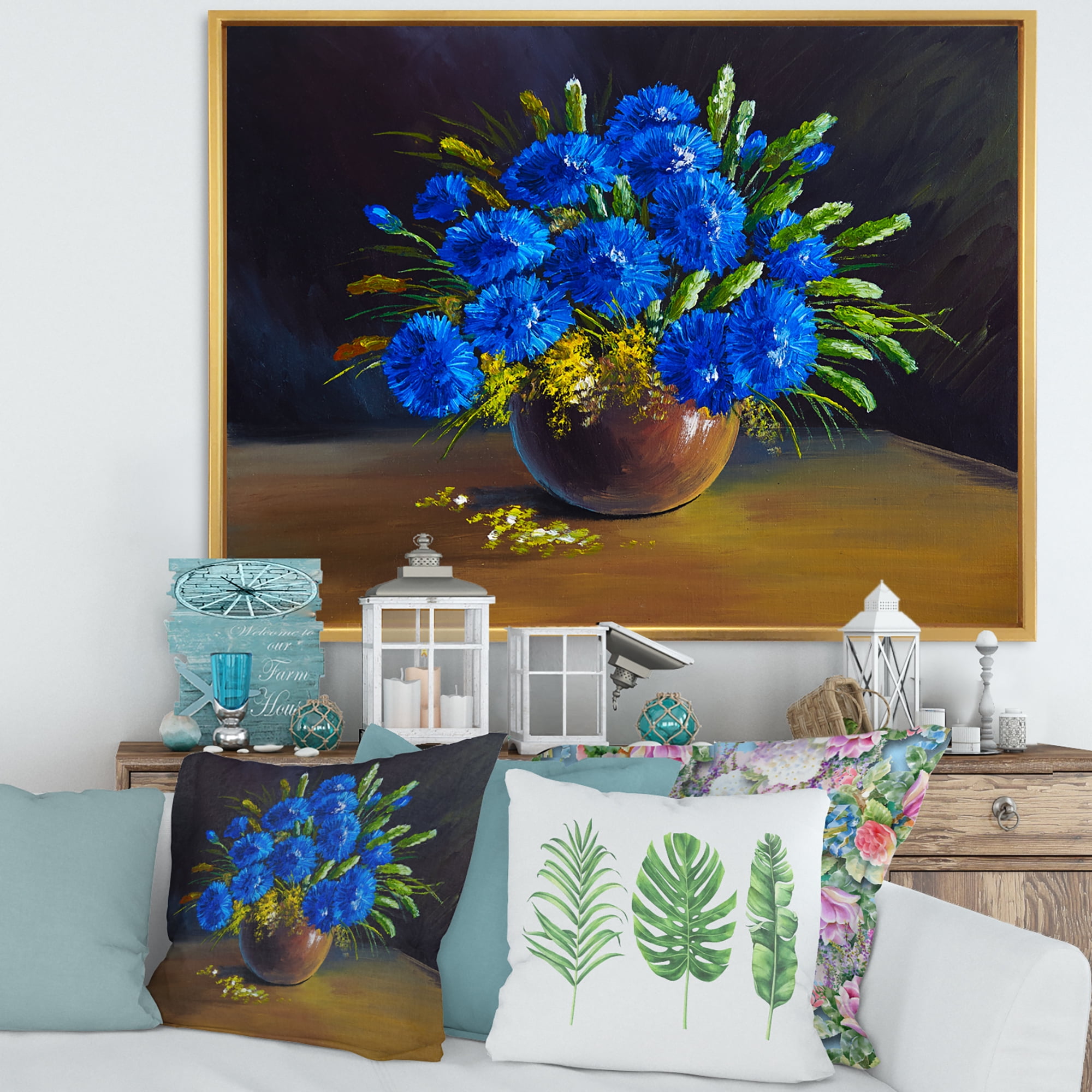 Designart 'Still Life A Bouquet Of Blue Wildflowers In Vase' Traditional Framed Canvas Wall Art Print
