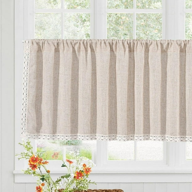 Cenefa estilo granja con bolsillo para varilla, cenefa de lino para privacidad semitransparente, decoración rústica de mezcla de lino y algodón, cortina de panel corto de fácil mantenimiento,