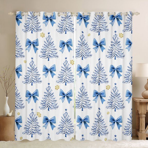 Homewish Lovely Bow Knot Blackout Curtains Set of 2 (52x84 Each),Chic Christmas Tree Window Curtains,White Blue Curtains and Drapes For Girl Kids,Microfiber Bedroom Decor