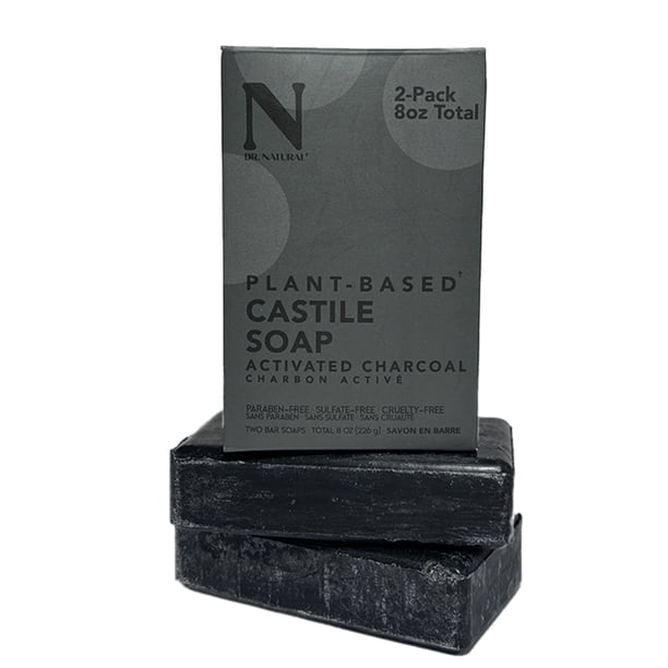 Dr. Natural Jabón de Castilla Carbón Activado 226 g, 100% Natural, Orgánico, Hipoalergénico y Ultra Hidratante para Todo tipo de Piel, Hecho de Plantas y Aceites Naturales, Toda la Familia, Multiusos
