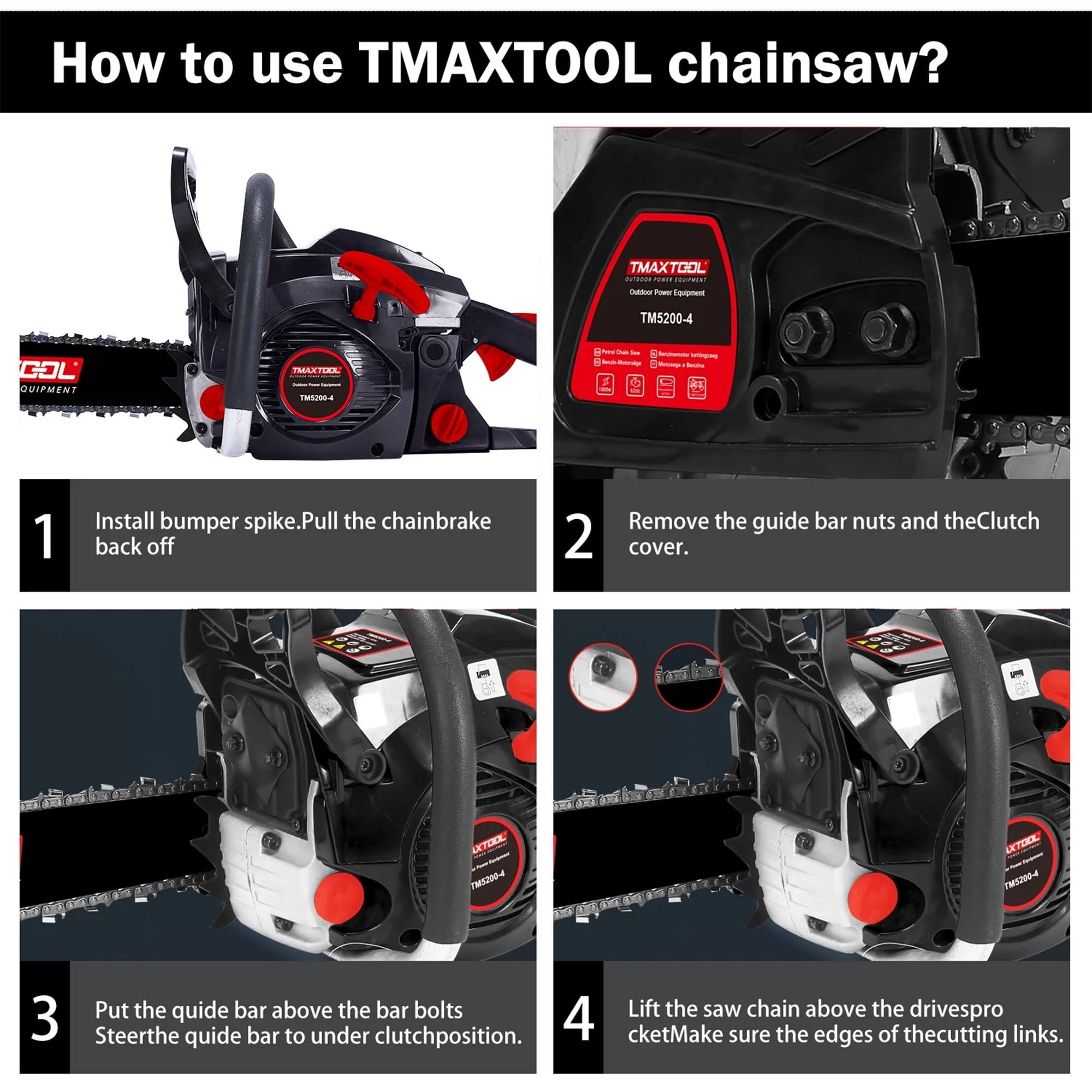 CQSXDA 62CC Engine Black Gas Chainsaw 20 Inch Heavy Duty Tool for Pruning Limbing and Sawmill Operations
