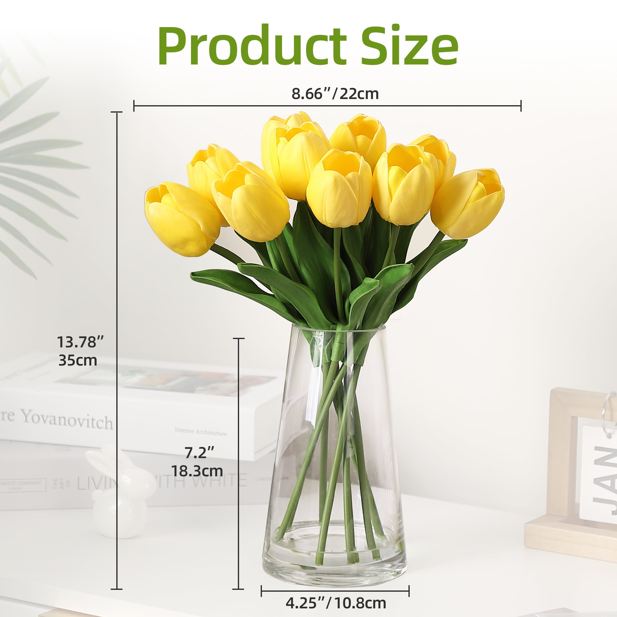 Artificial Yellow Tulips Flowers with Glass Vase, 14" Lifelike Fake Floral Arrangement for Home Office Dining Table Decor, Wedding Centerpiece