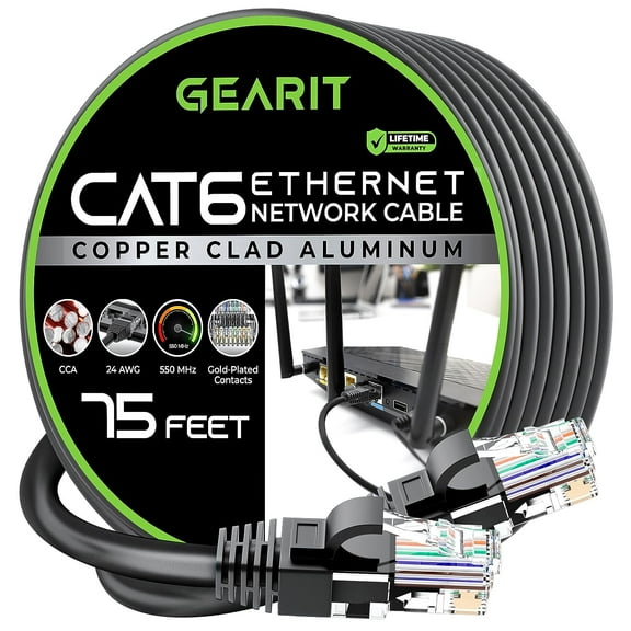 GearIT Cat 6 Ethernet Cable 24AWG Copper Clad Aluminum (CCA) LAN Cable, Black 75 ft