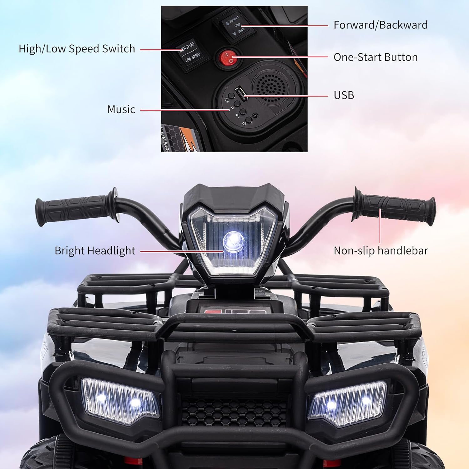 Acekid 12V Ride on ATV High/Low Variable Speed Ride on Electric Vehicle with LED Light Music USB 1.5-2.2mph Safety Speed Black