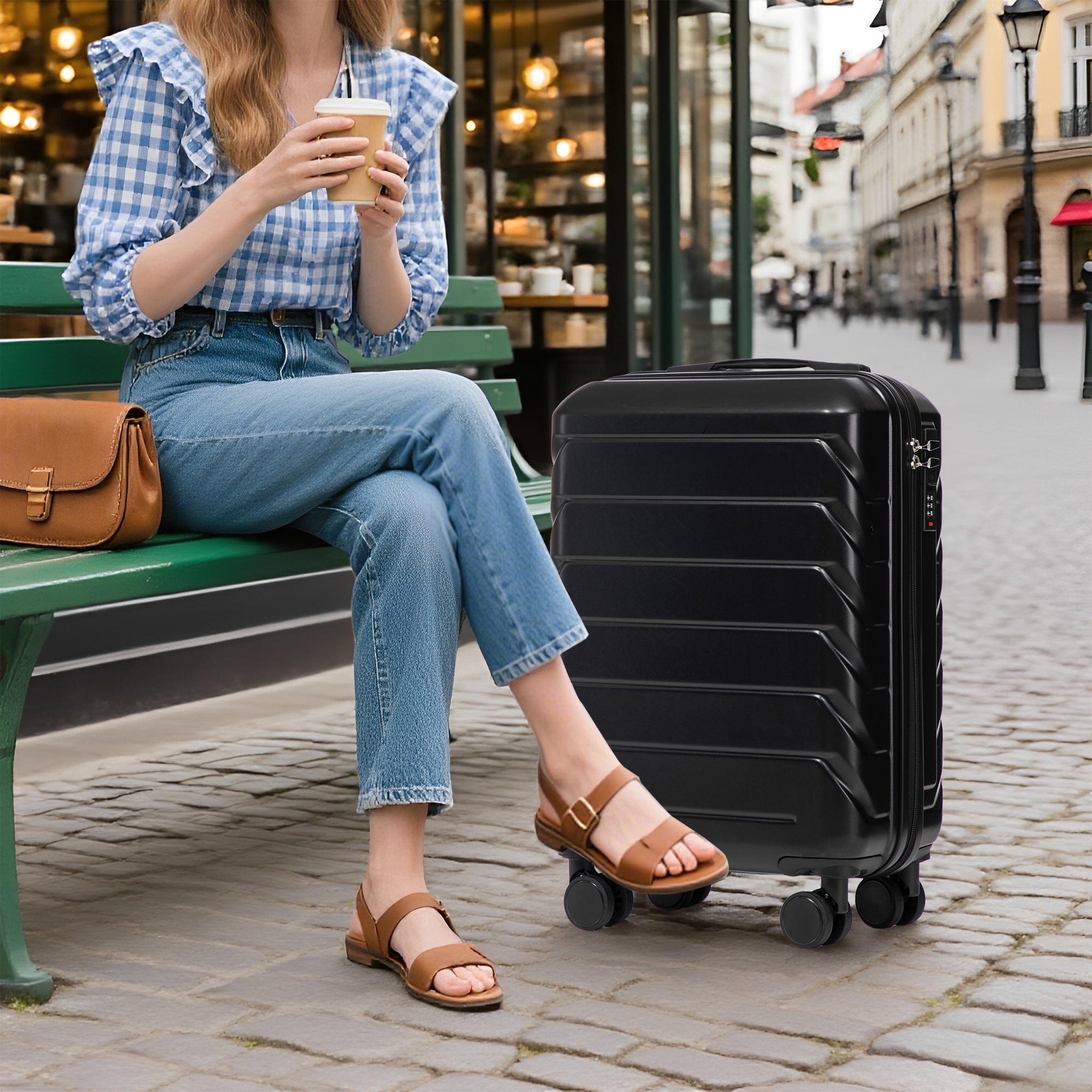 2 Piece in ABS Spinner Wheel Luggage Sets, Hardside Suitcase with Combination Lock,20 inch Carry On Luggage 14 inch Cosmetic Case