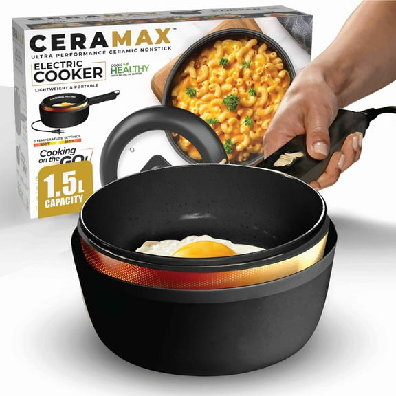 CERAMAX Electric Hot Pot with Lid and Steamer, 1.5L Non Toxic Ceramic Cooker Skillet for Ramen, Eggs, Pasta Portable and Compact for Dorms, Camping, RVs, Work, Adjustable Temperature