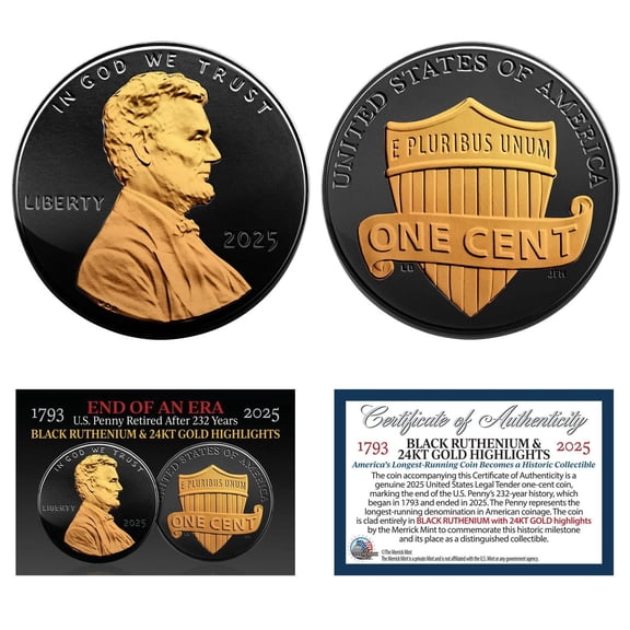 Collectible 2025 Lincoln Penny One Cent Uncirculated Black Ruthenium with 24K Gold Plated
