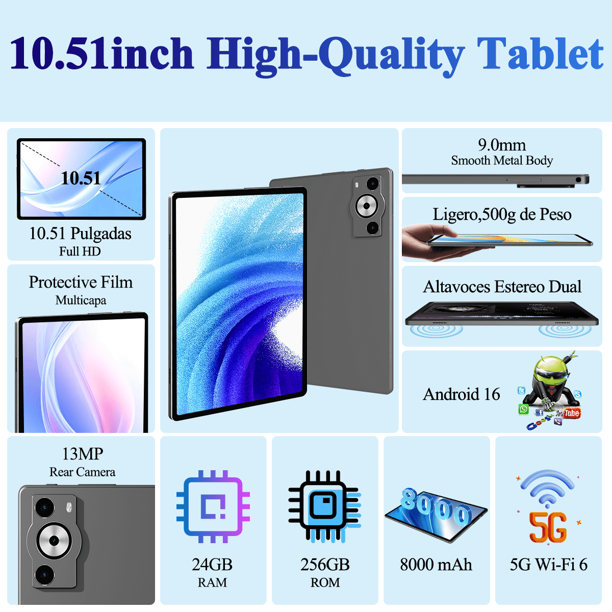 Android 16 Tablet,10.1 inch Tablet, Octa-Core Processor, 24GB RAM 256GB ROM,,1280x800 HD IPS Touch Screen, GPS, 8H Battery, WiFi 6, Dual Camera (Gray)