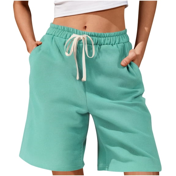 Yievot Knee Length Bermuda Shorts for Women Cotton Drawstring Elastic Waist Casual Shorts for Athletic Hiking Workout