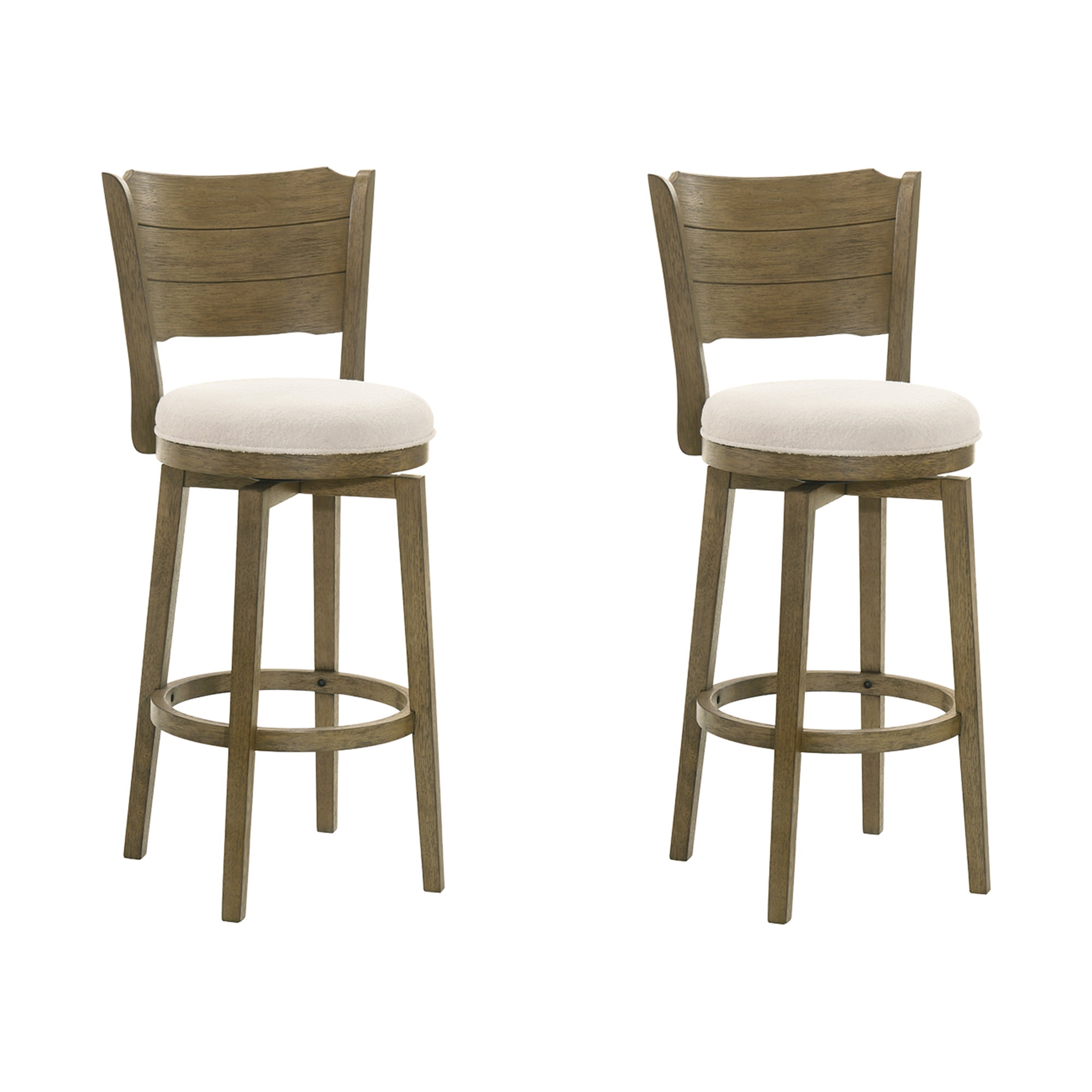 Winsley Coastal Modern Swivel Wood Bar Height Kitchen Bar Stool in Putty Brown Finish with White Boucle Fabric Upholstered Seat - Set of 2