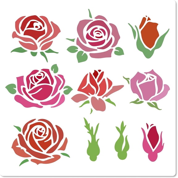 18x18cm Rose Flowers Stencil Flowers Leaves Templates Rosette Floral Buds Bloom Rose Pattern Reusable Square Plastic Stencils Sign for Painting on Canvas Fabric Scrapbooking DIY Crafts Colorful
