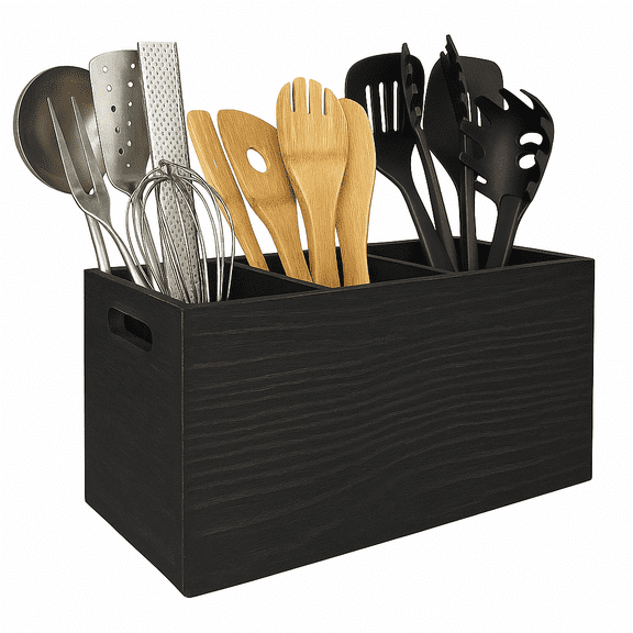 CB Accessories Utensil Holder in Rustic Wood for Farmhouse Kitchen Decor, Countertop Organizer and Cooking Tools Storage (Black)