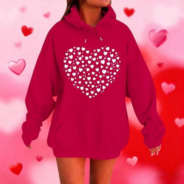 RKSTN Valentine's Day Hoodie for Women Oversized Valentines Heart Print Drawstring Hooded Sweatshirt Top Womens Casual Solid Plus Size Graphic Printed Loose Comfy Hood Fall Spring Clothes