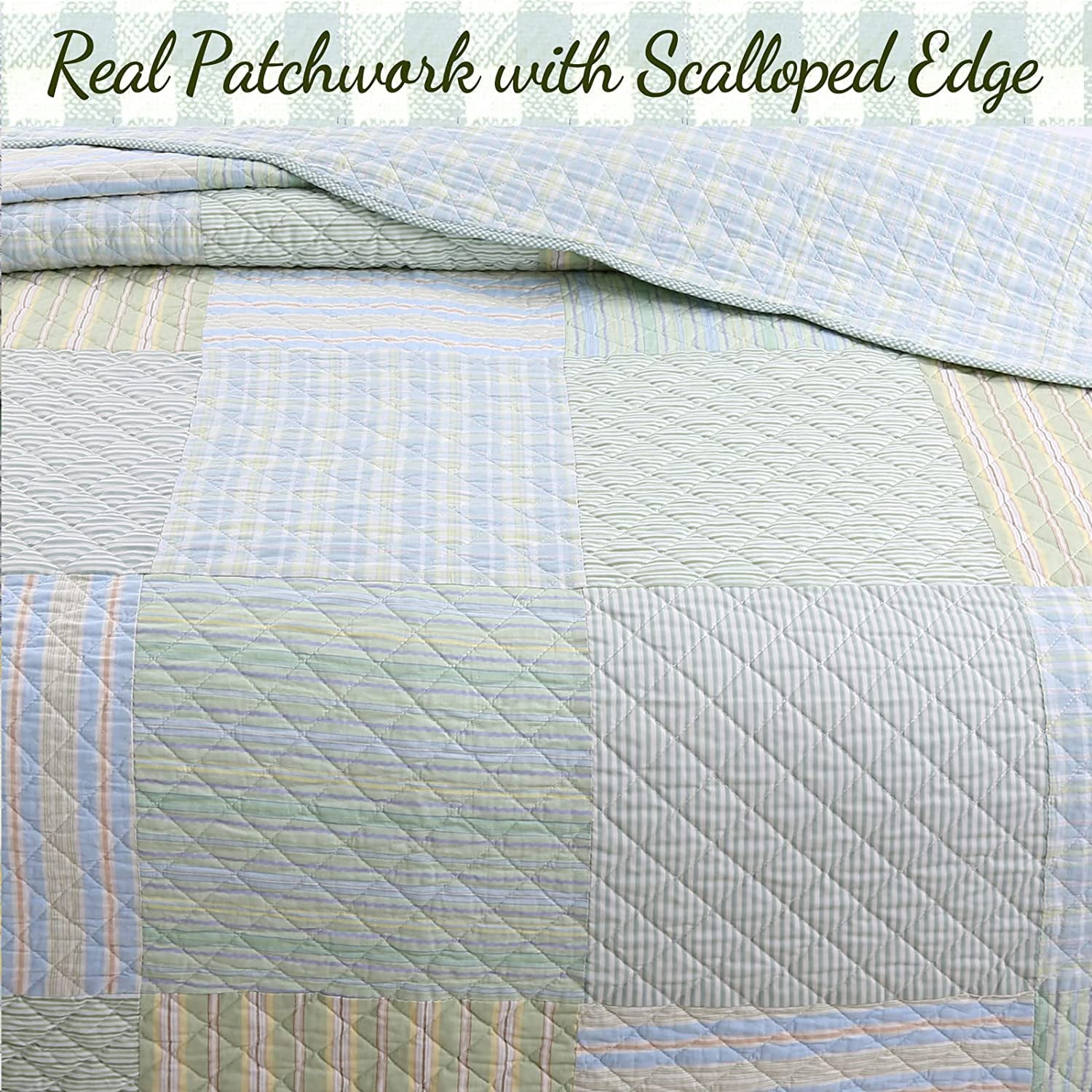Cozy Line Home Fashions Cozy Line Square Patchwork Plaid Stripes Blue Green Cotton 3-Piece Reversible Quilt Bedding Set King